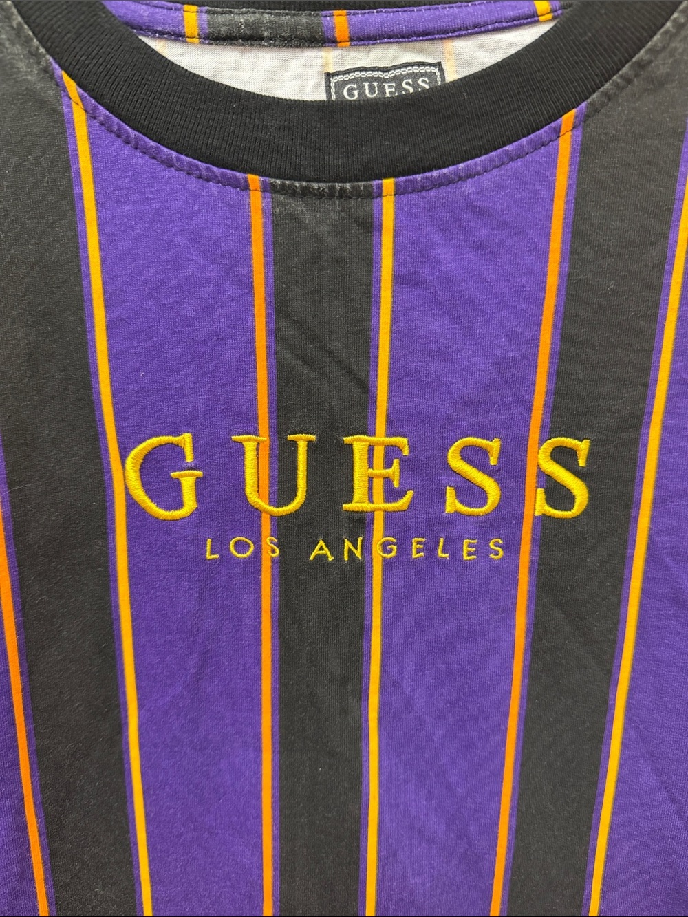 GUESS  Vintage 90s Style Purple, Black & Yellow Striped Long-Sleeve Tee Size M - Picture 8 of 9